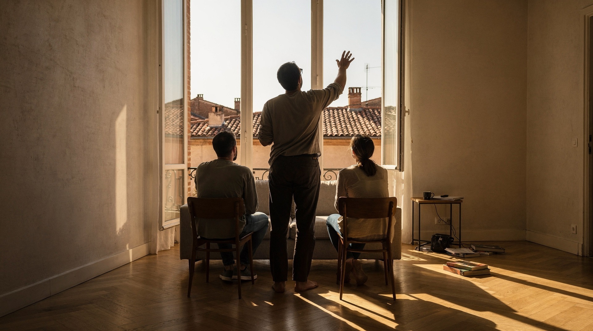 Conseiller immobilier accompagnant un couple lors d'une visite d'appartement à Toulouse