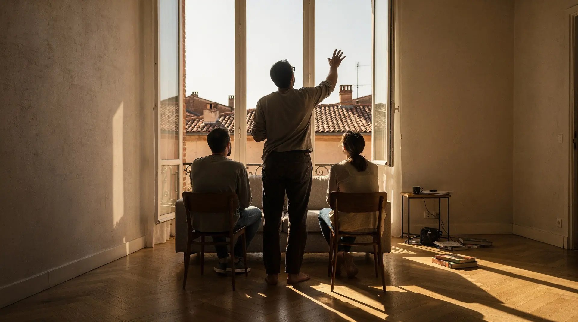 Conseiller immobilier accompagnant un couple lors d'une visite d'appartement à Toulouse