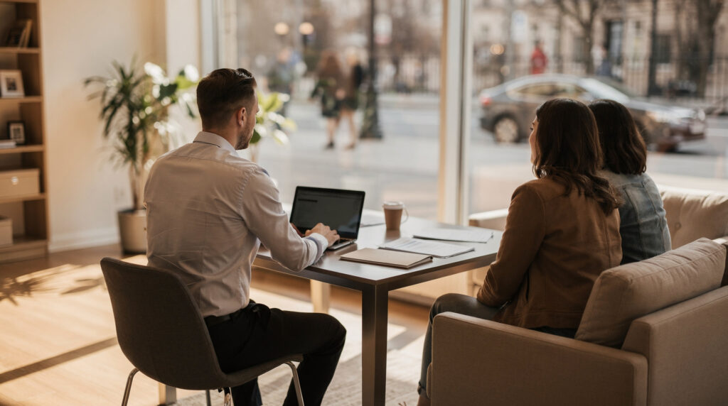 Conseiller immobilier en rendez-vous avec un client dans une agence