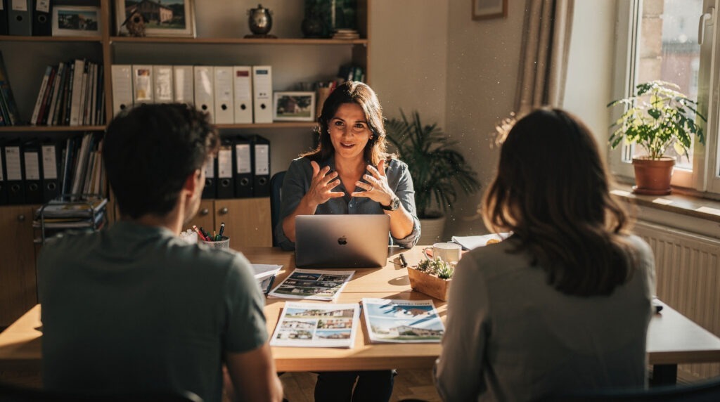 Conseiller immobilier en rendez-vous avec un couple à Strasbourg