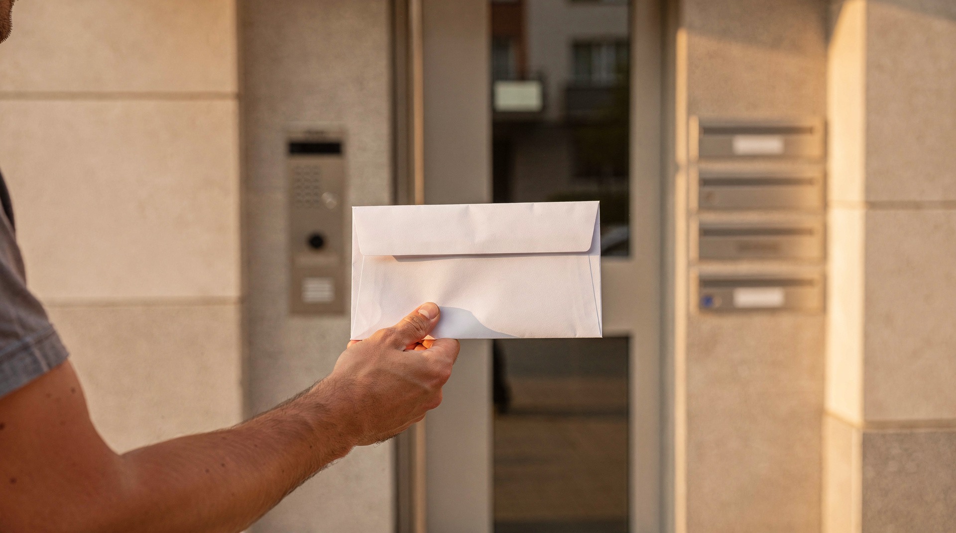 Jeune adulte tenant une lettre recommandée devant un immeuble résidentiel
