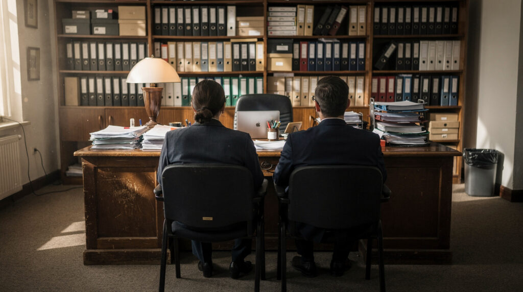 Notaire remettant des documents à des héritiers