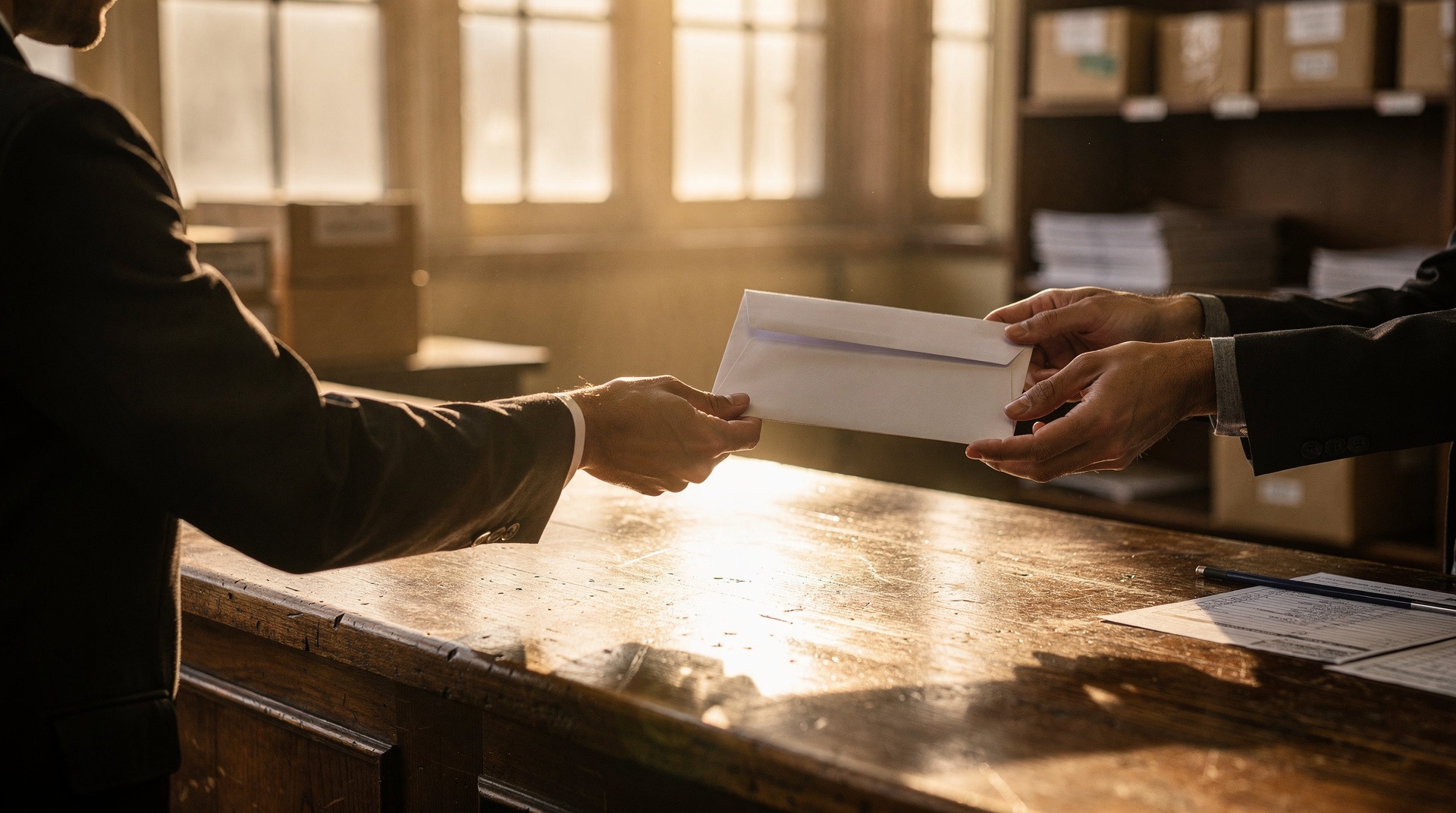 Personne déposant une lettre recommandée à un guichet de bureau de poste