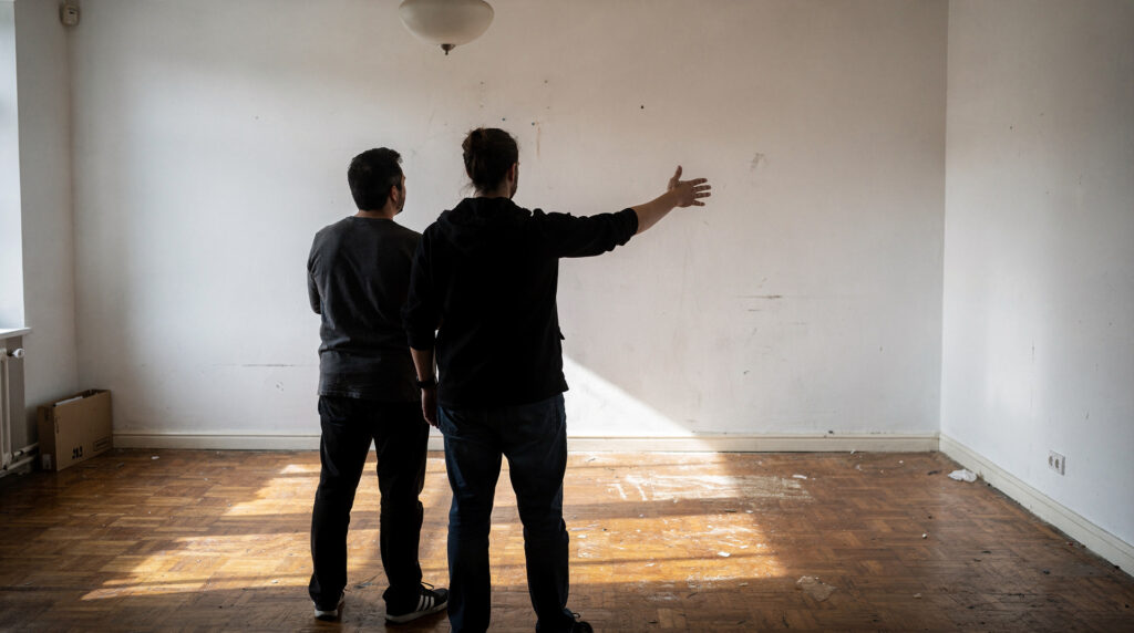 Propriétaire et locataire réalisant l'état des lieux de sortie d'un appartement vide