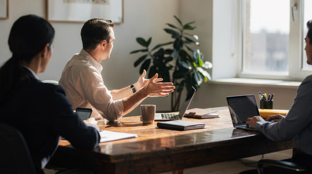 Conseiller financier expliquant un plan de financement a des clients autour d une table