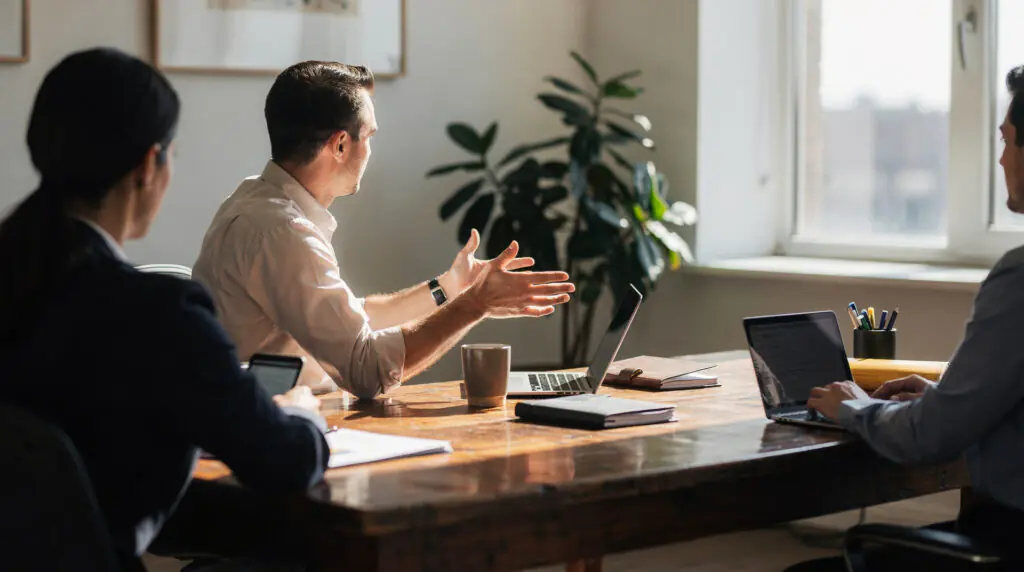 Conseiller financier expliquant un plan de financement a des clients autour d une table