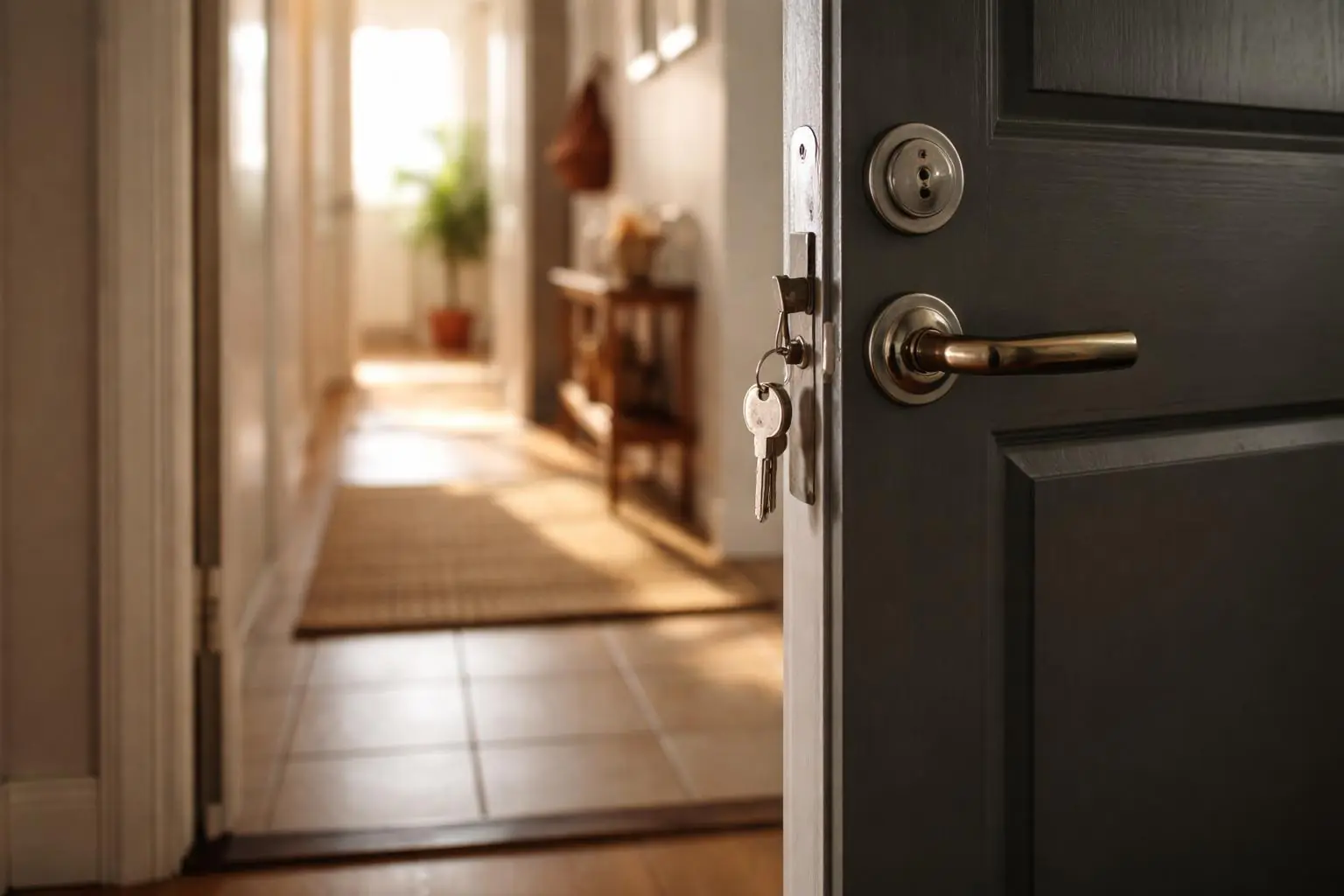 Agent immobilier remettant des clés à un locataire devant un appartement