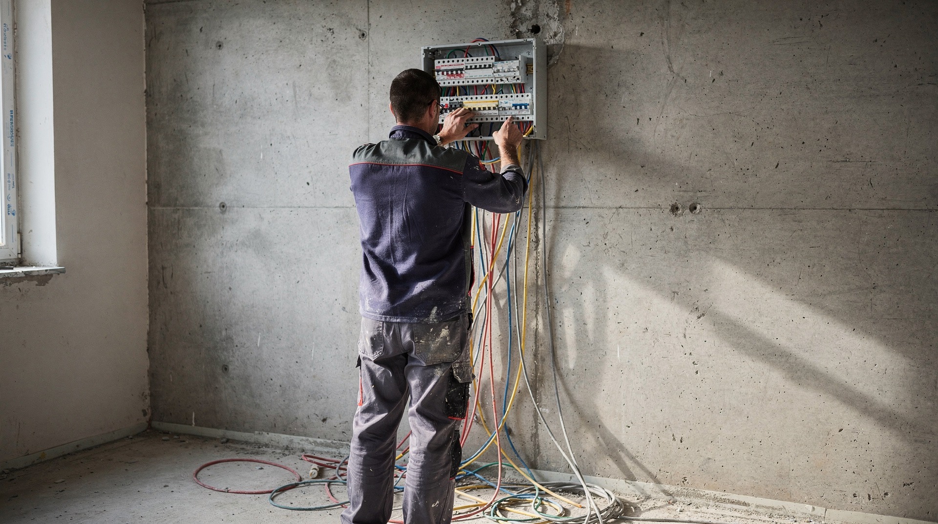 Artisan électricien en train d'intervenir dans un appartement