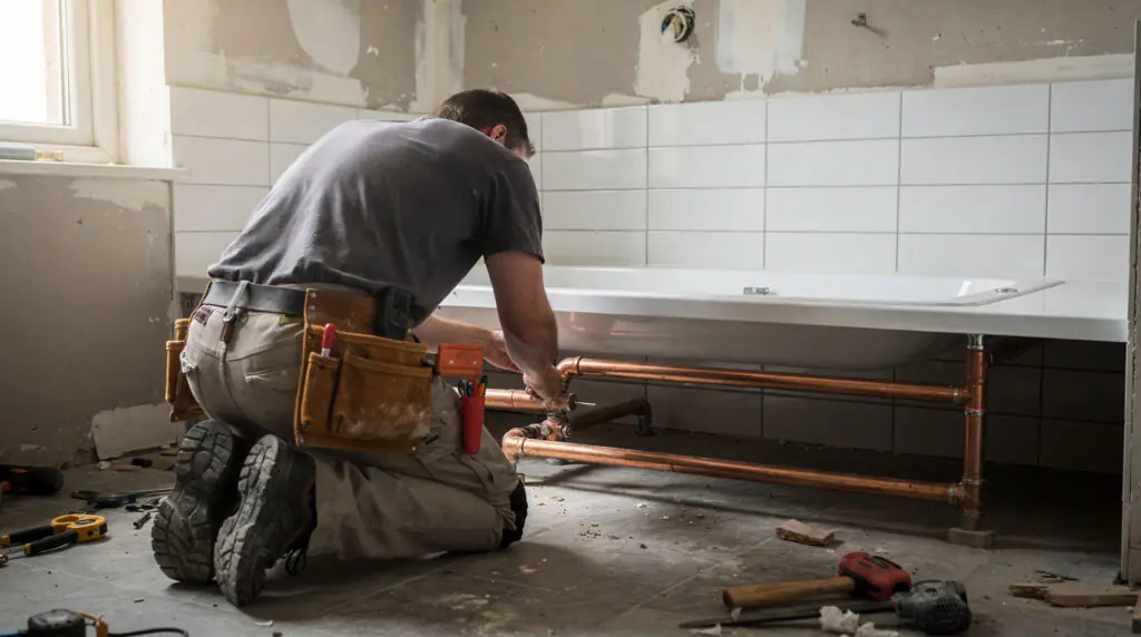 Artisan plombier posant une douche en rénovation