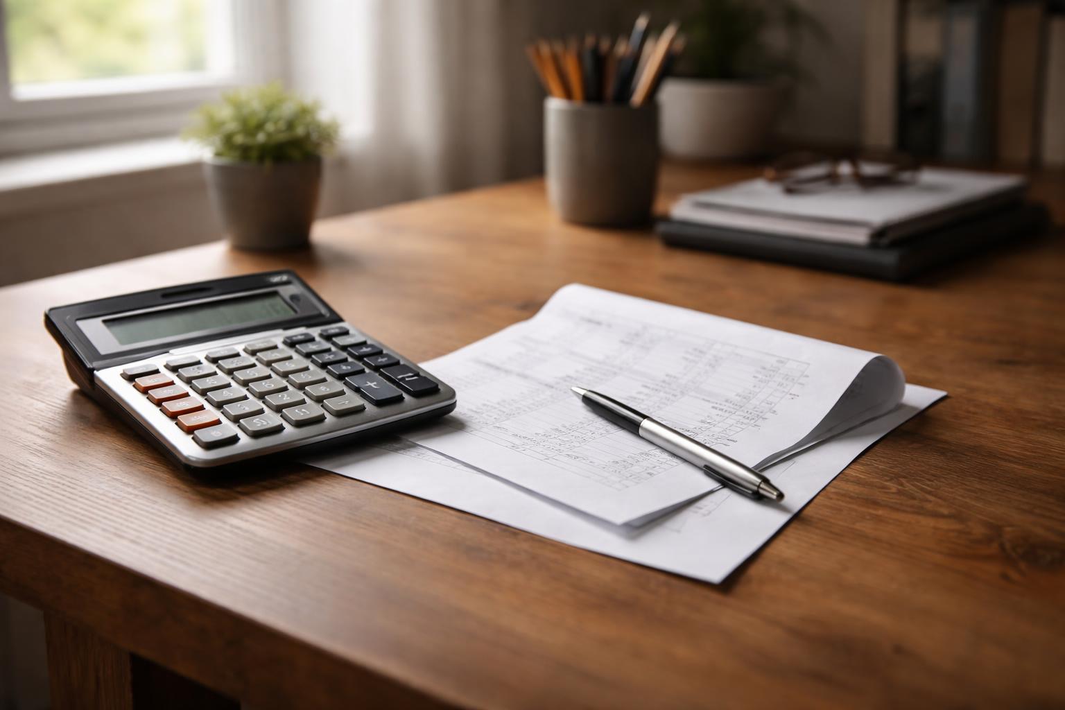 Bulletin de salaire et calculatrice sur un bureau