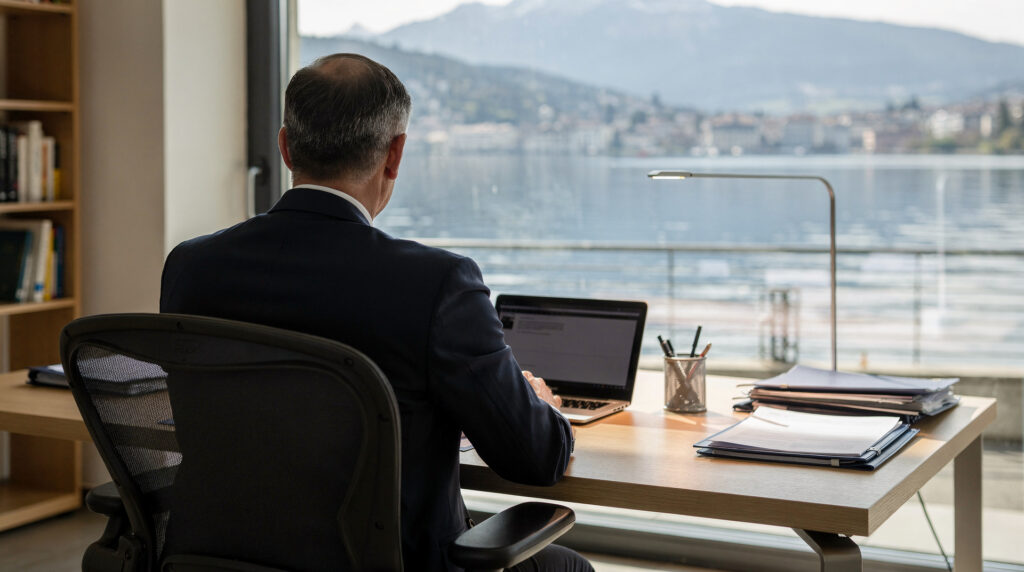 Entrepreneur consultant des documents de création de société dans un bureau genevois