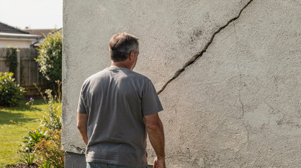 Expert en bâtiment inspectant une fissure sur une façade de maison