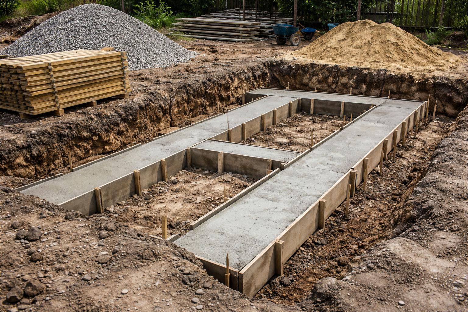 Fondations d'une maison individuelle en chantier