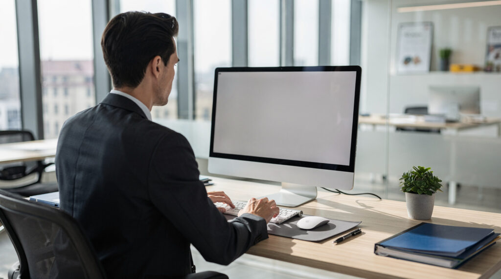 Professionnel de l'immobilier utilisant un ordinateur pour envoyer des documents