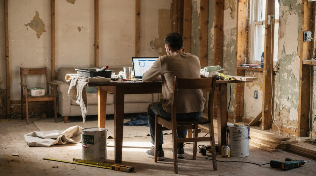 Propriétaire comparant des devis d'artisans sur un ordinateur portable dans un salon en rénovation