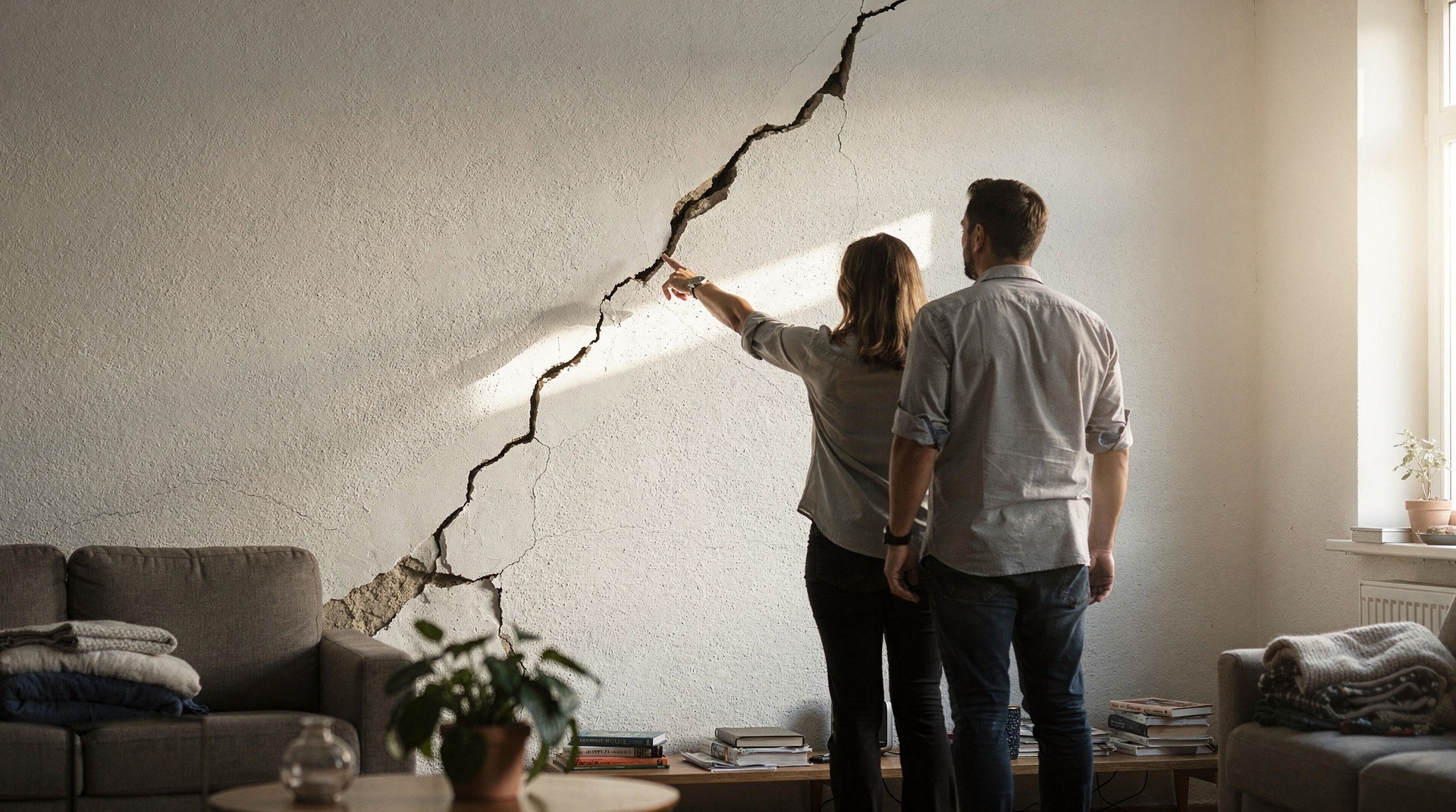 Propriétaire montrant des fissures sur un mur intérieur à un professionnel